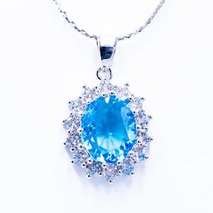Ocean Blue Zircon Pendant in Silver Necklace